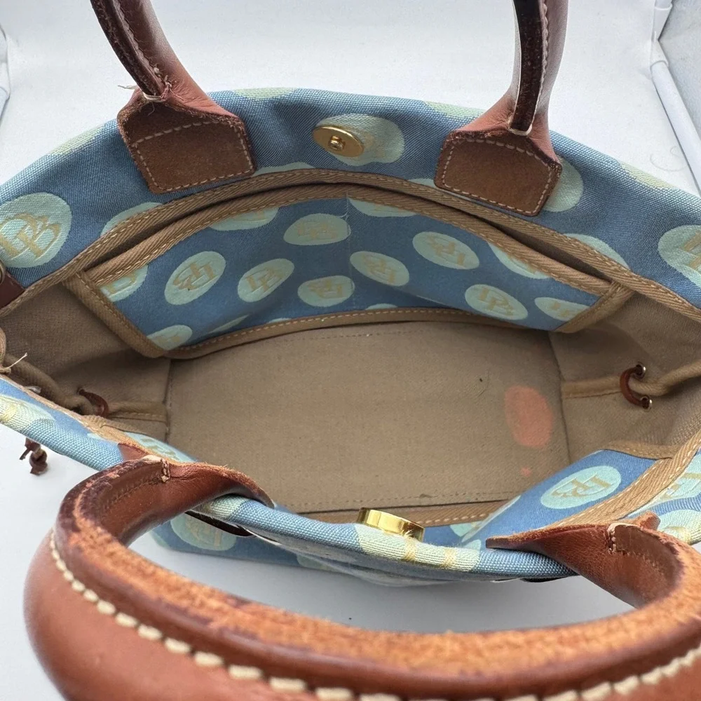 Dooney & Bourke Vintage Blue Denim DB Logo Circle Print Tote Bag‎ Brown Leather